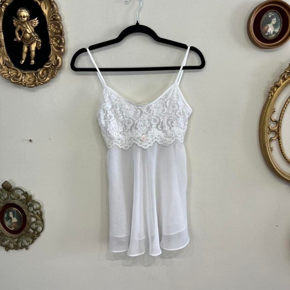 Vintage Intimo Amore White Sheer Lace Babydoll Camisole Top Sleeveless